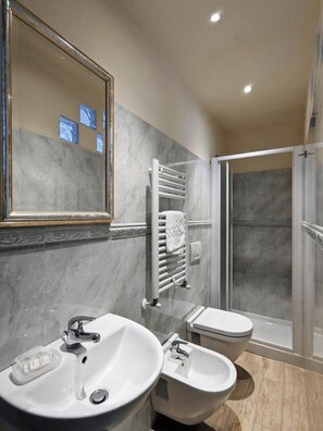 Shower, free toiletries, hair dryer