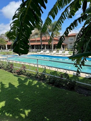 Une piscine entourée de gazon et de palmiers, avec une rambarde en métal.