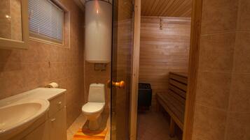 Un baño con inodoro, lavamanos y ducha.