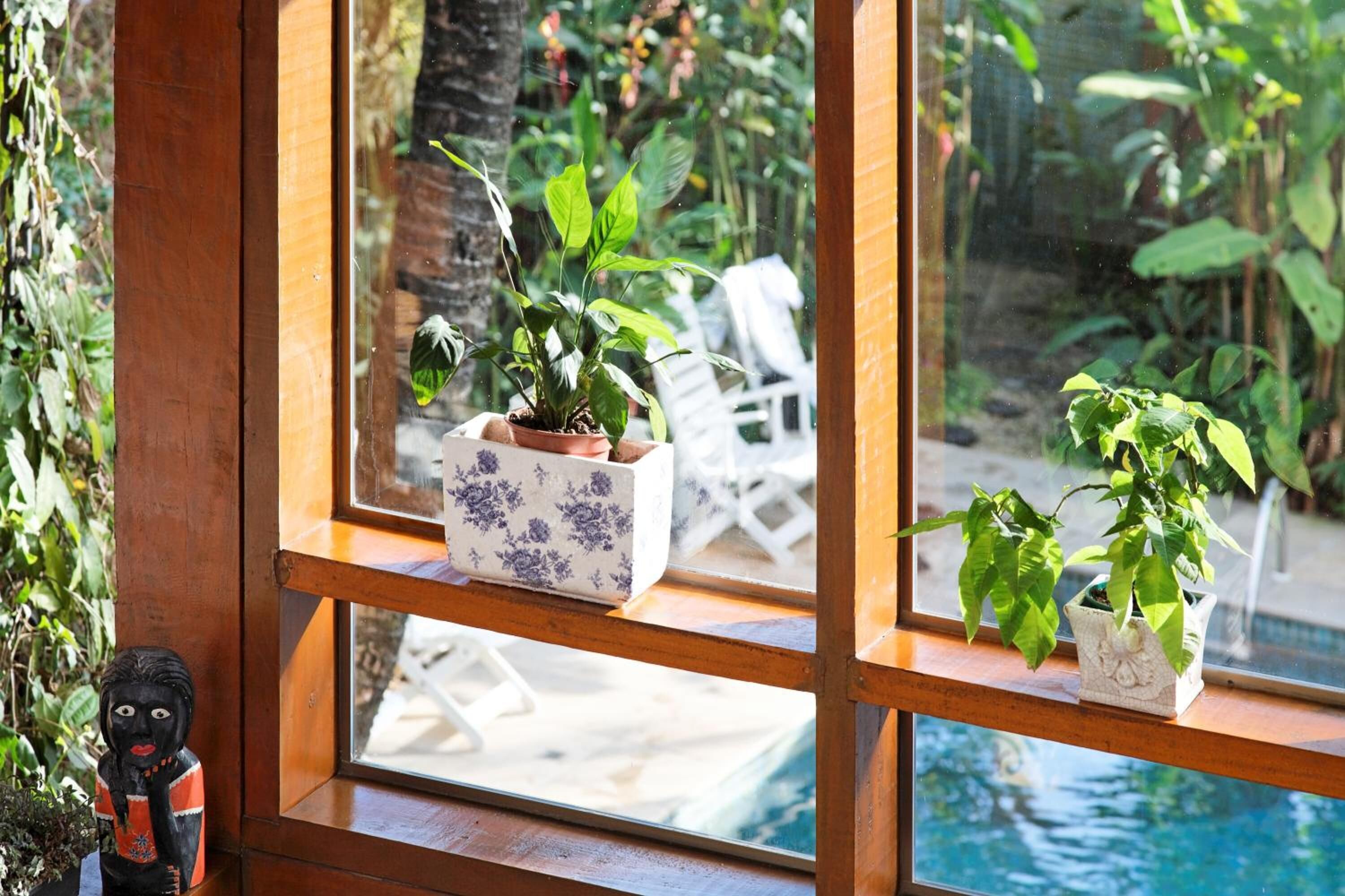 Ein Fenster mit zwei Blumentöpfen, einer kleinen Figur und Blick auf einen Pool und eine Außenbereich-Sitzgelegenheit.