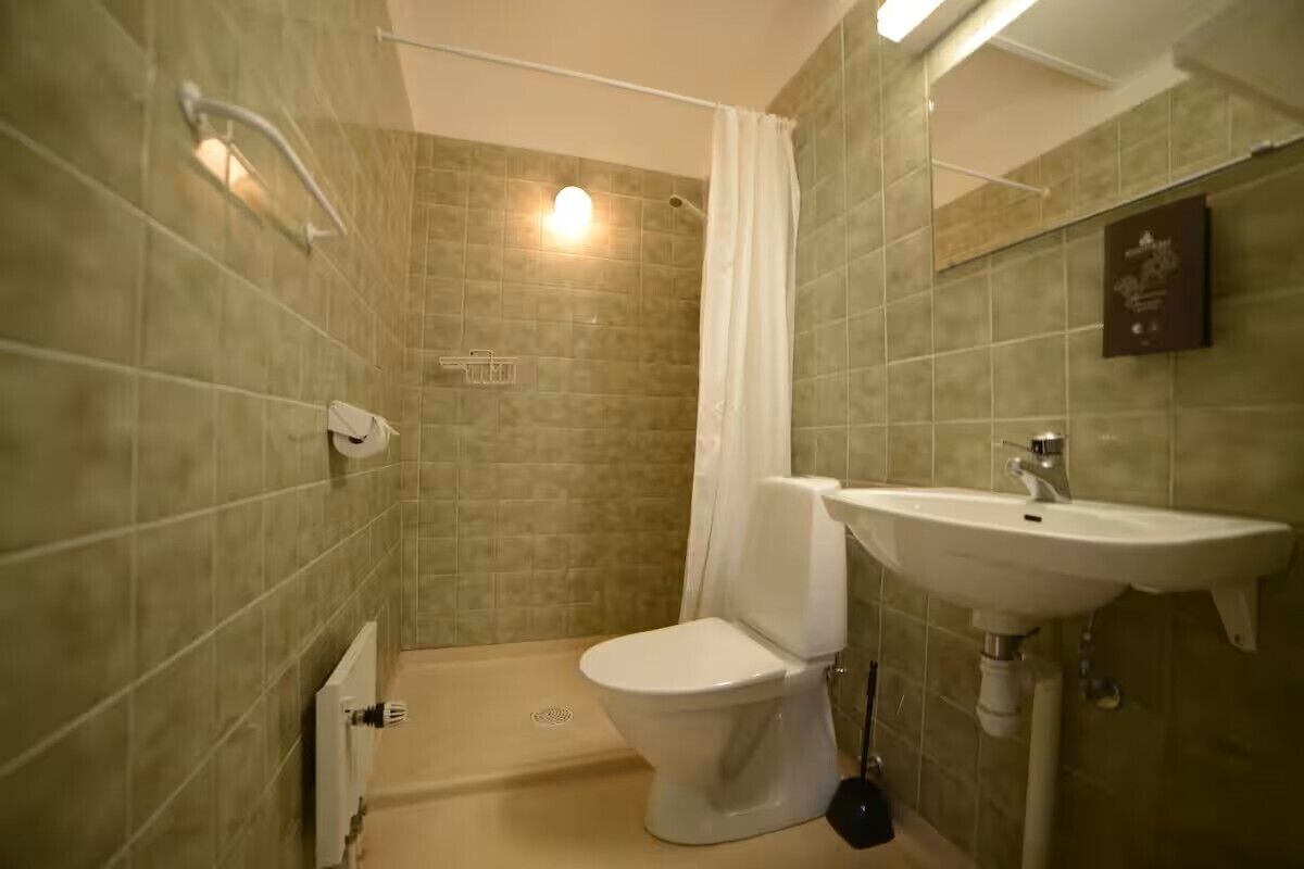Een badkamer met een douche, toilet en wastafel.
