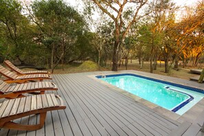 A wooden deck with a swimming pool, surrounded by trees. - Thornwood (Hluhluwe)