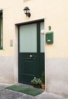 A green door with a small potted plant beside it.