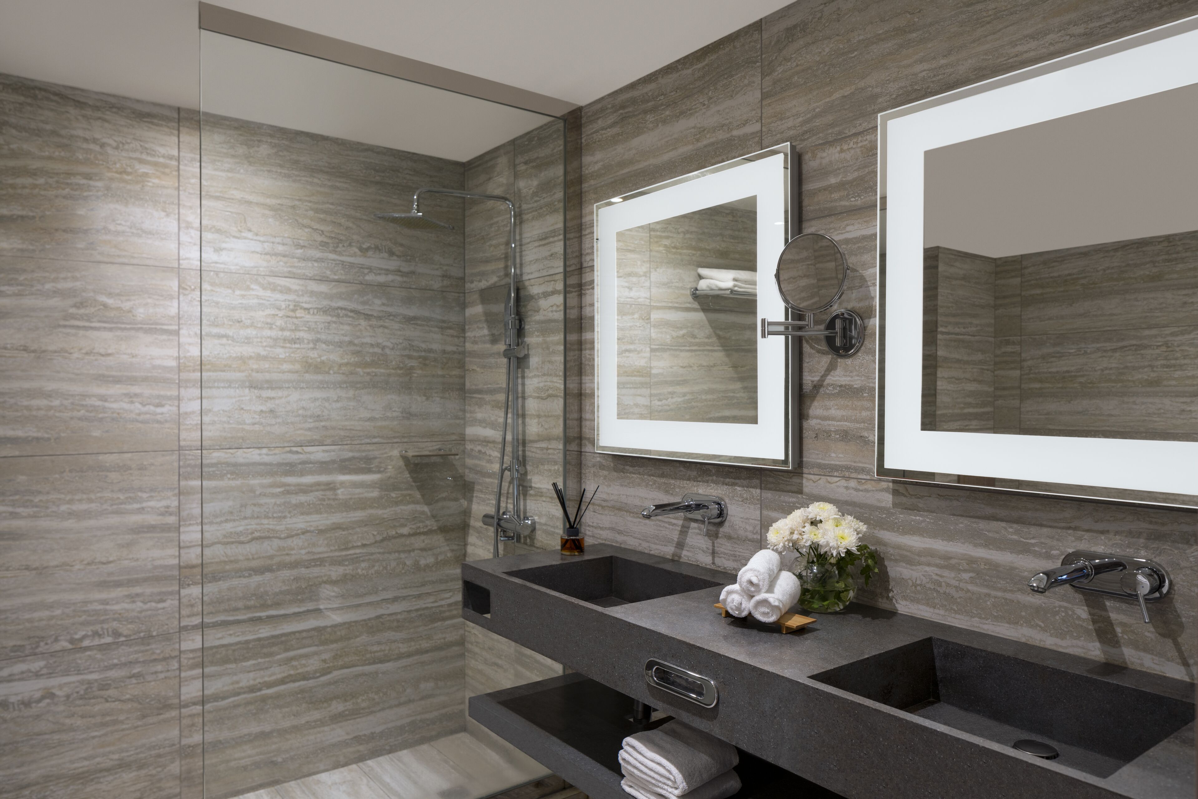 shower, eco-friendly toiletries, hair dryer, towels