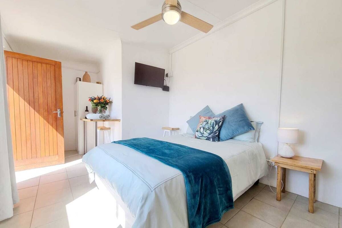 A bedroom with a bed, a wooden door, a TV, and a ceiling fan.