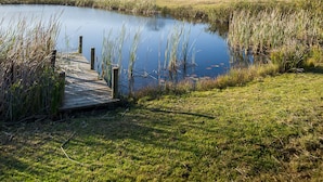 A serene lakeside scene with a wooden dock leading to a small house with a green roof, surrounded by lush greenery and distant mountains. - Kwetu Guest Farm (Swellendam)
