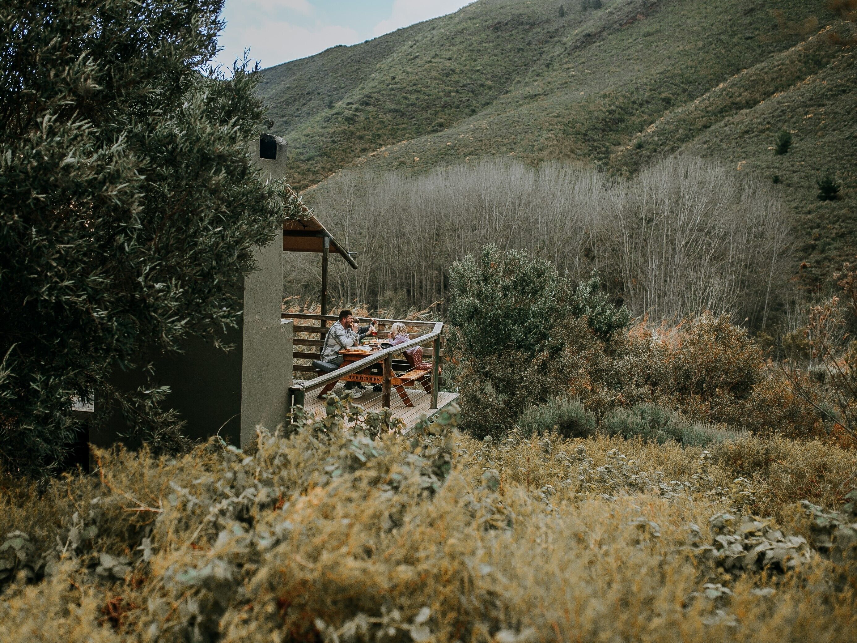 A rustic wooden structure with a bench and a table, surrounded by dry grass and shrubs.