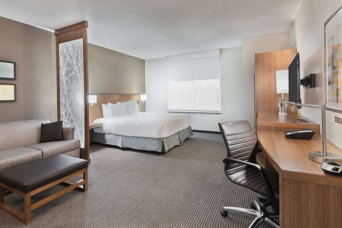 A hotel room with a bed, a sofa, a desk, and a chair.