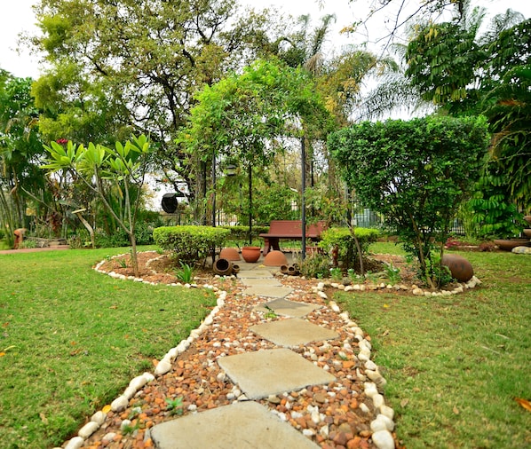 Ein Gartenpfad mit trittfesten Steinen, umgeben von verschiedenen Pflanzen und Bäumen.