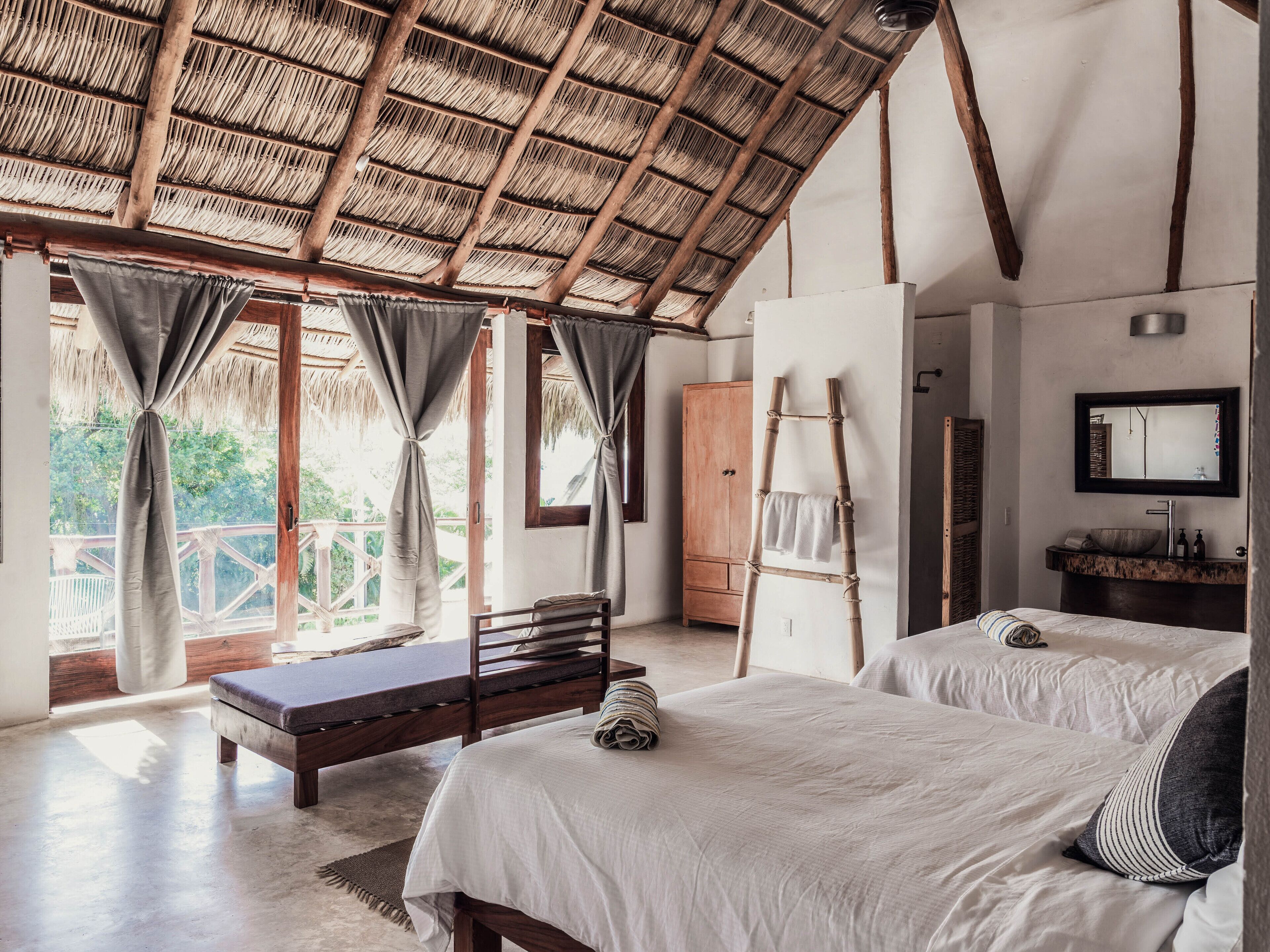 comfort double room, 2 double beds, terrace, partial ocean view | desk, bed sheets