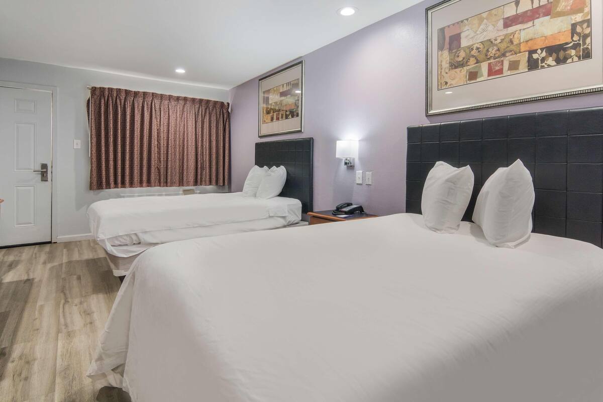 Habitación de hotel con dos camas, un cuadro grande, un cabecero, una mesita de noche y una puerta.
