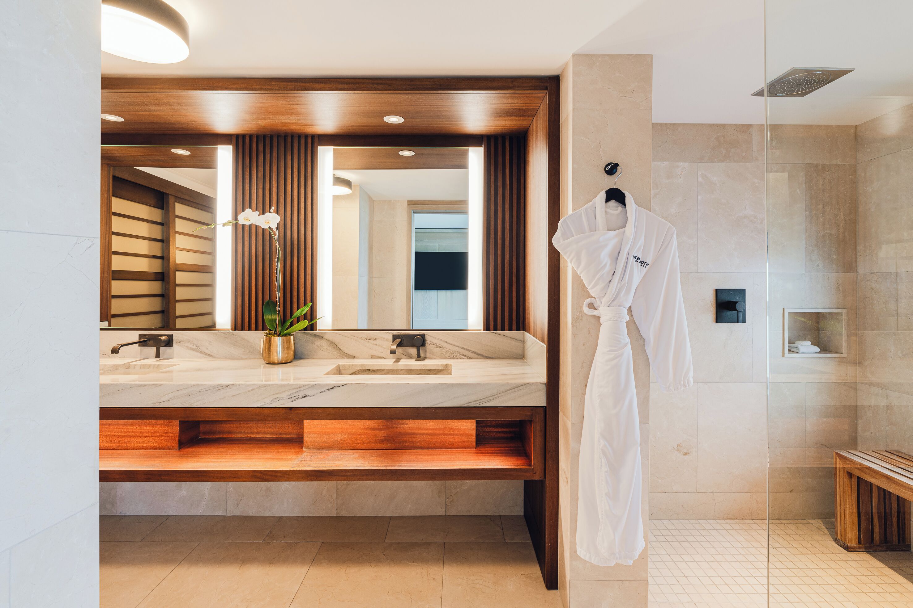 Une salle de bain moderne avec un meuble-lavabo en bois, un grand miroir et une douche à l’italienne.