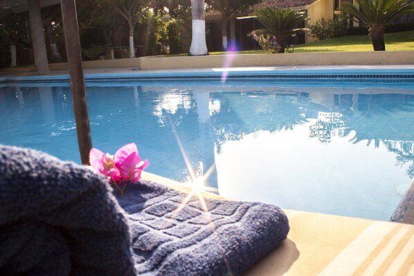 A swimming pool with clear blue water, surrounded by a well-maintained garden and a building in the background. - Coral Vista Del Mar (Ixtapa)