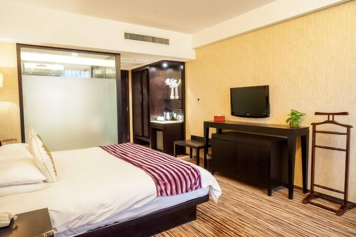 Una habitación de hotel con cama, escritorio, televisor y una planta pequeña.