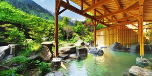 A traditional wooden structure with a wooden roof, surrounded by a natural landscape with rocks and greenery. - Hotel Hotaka (Takayama)