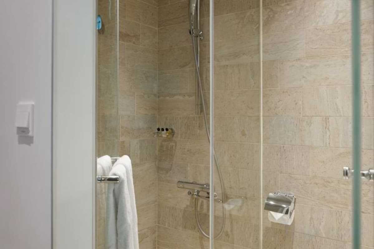 Ducha, cabezal de ducha con hidromasaje, secador de pelo, pantuflas