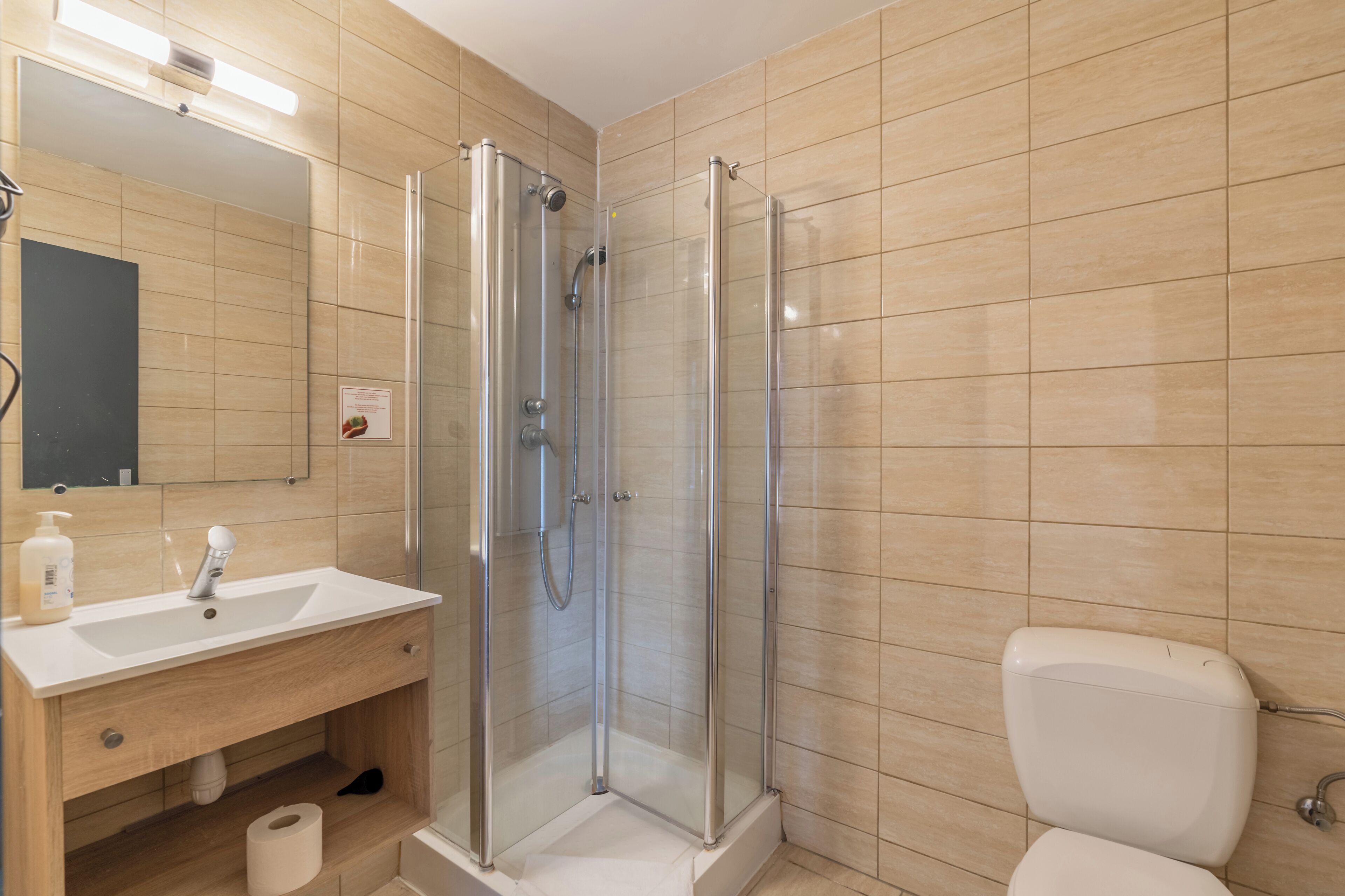 A bathroom with a glass-enclosed shower, a white sink with a mirror above it, and a toilet.