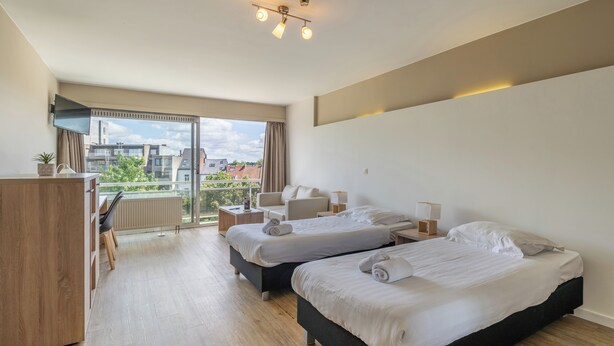 A modern hotel room with two beds, a desk, and a large window offering a city view. - Value Stay Residence Mechelen (Mechelen)