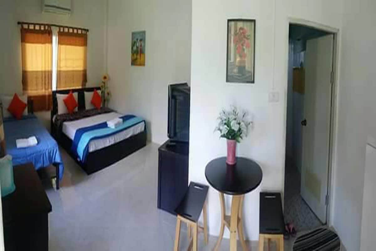 A hotel room with two beds, a TV, a small table with a plant, and a door leading to another room.