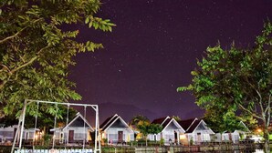 Une rangée de cabanes au bord d’un lac paisible, la nuit, sous un ciel étoilé et dégagé.