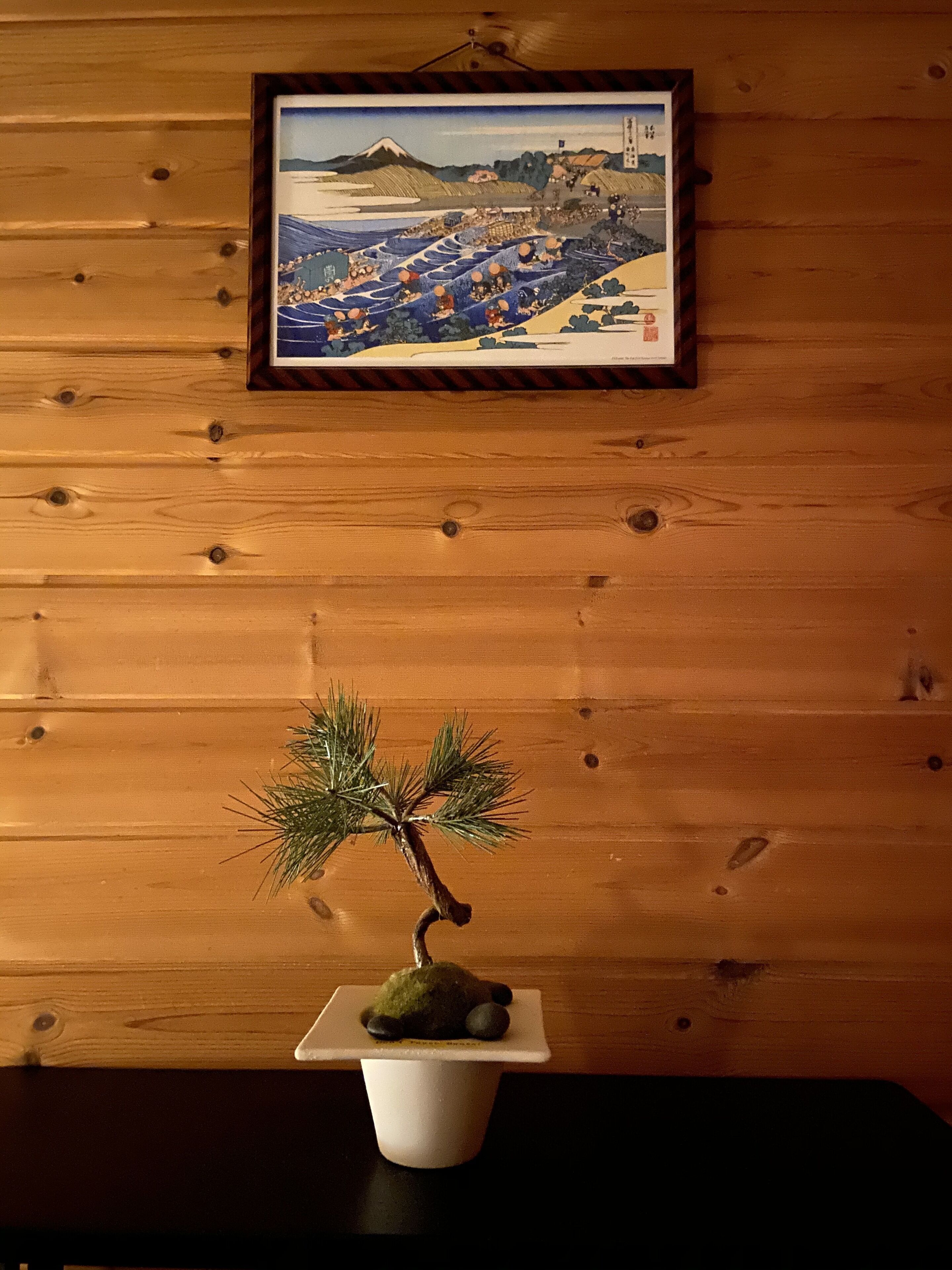 A wooden wall with a framed picture and a bonsai tree on a table.