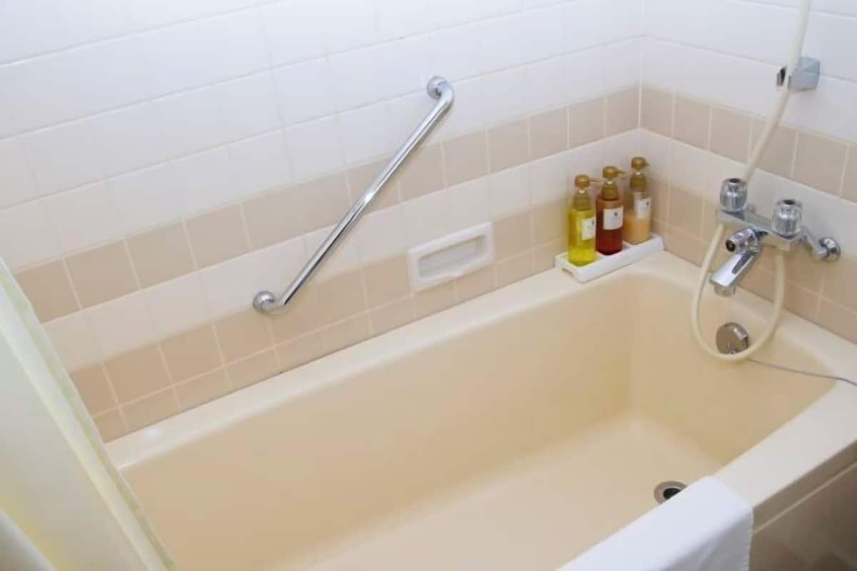 Tina con regadera, secadora de cabello, pantuflas, bidet electrónico