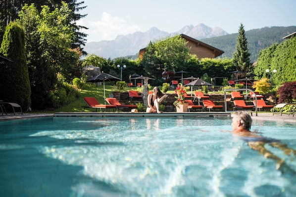 Indoor pool, outdoor pool, pool umbrellas, sun loungers