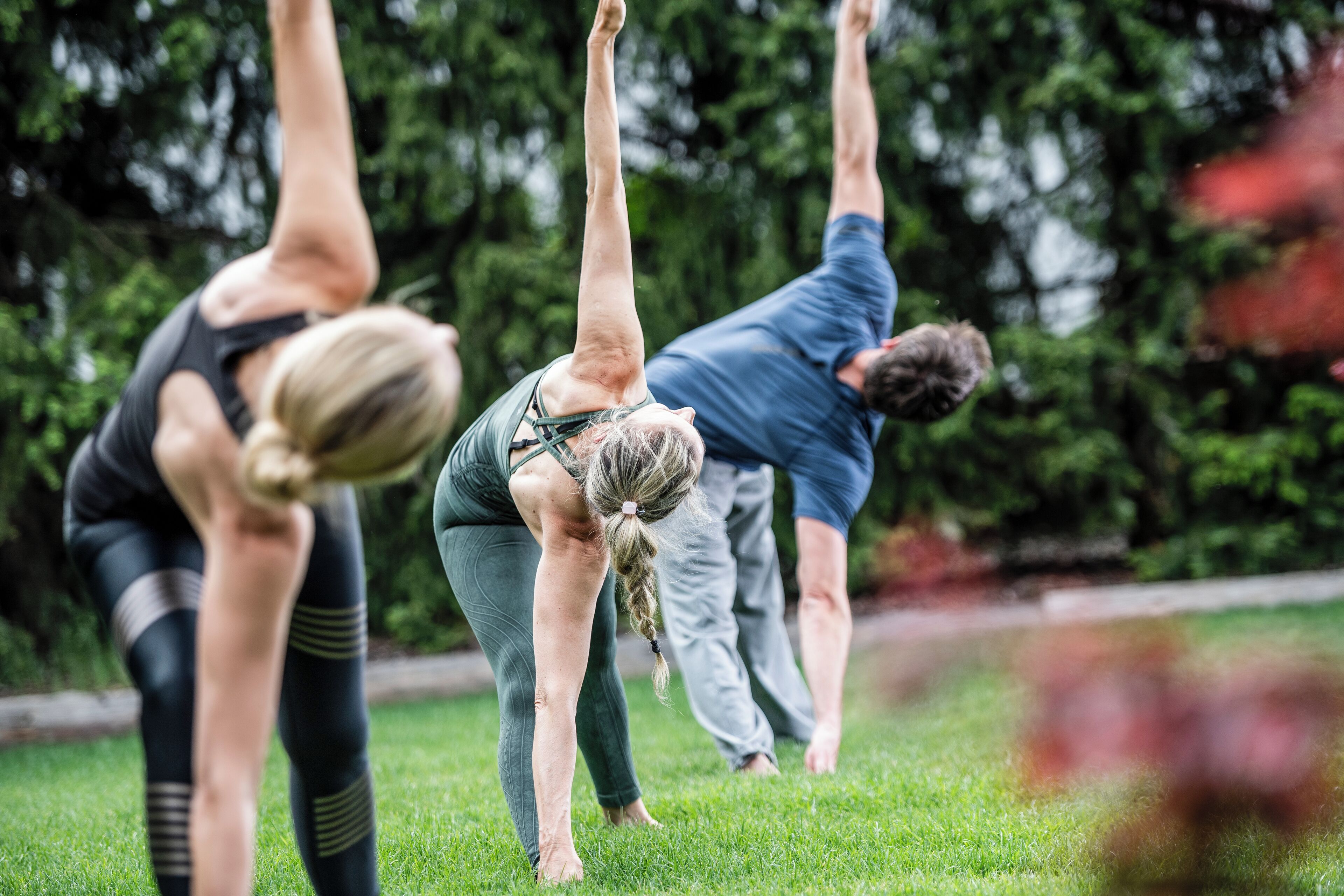 Un grupo de personas practicando yoga al aire libre sobre un césped con árboles de fondo.