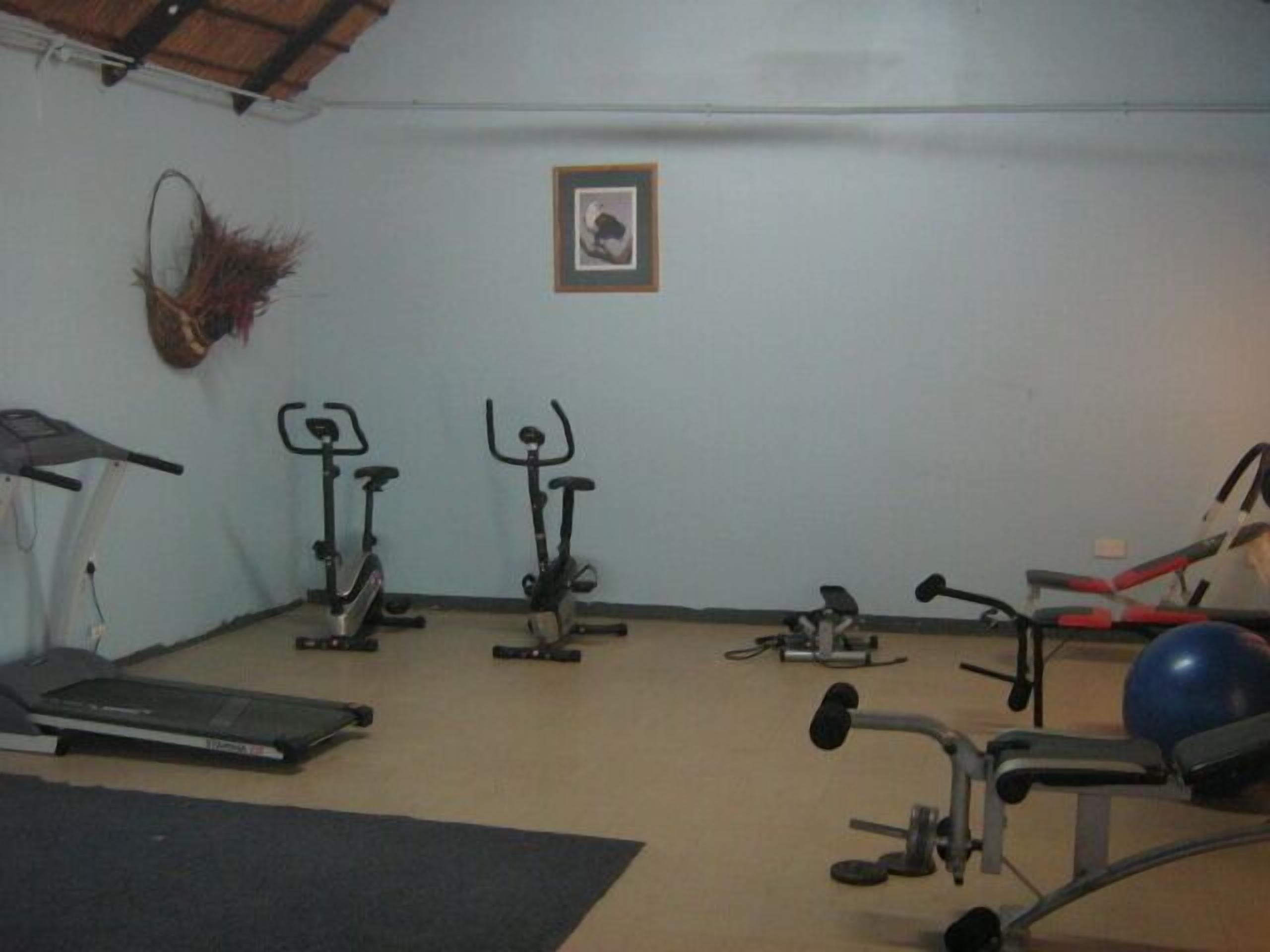 A gym with exercise equipment including treadmills, stationary bikes, and a rowing machine.