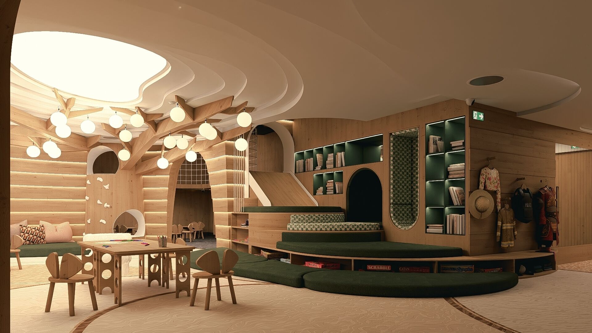 Een gezellig hoekje om te lezen, met een gebogen bank, een tafeltje en stoelen.