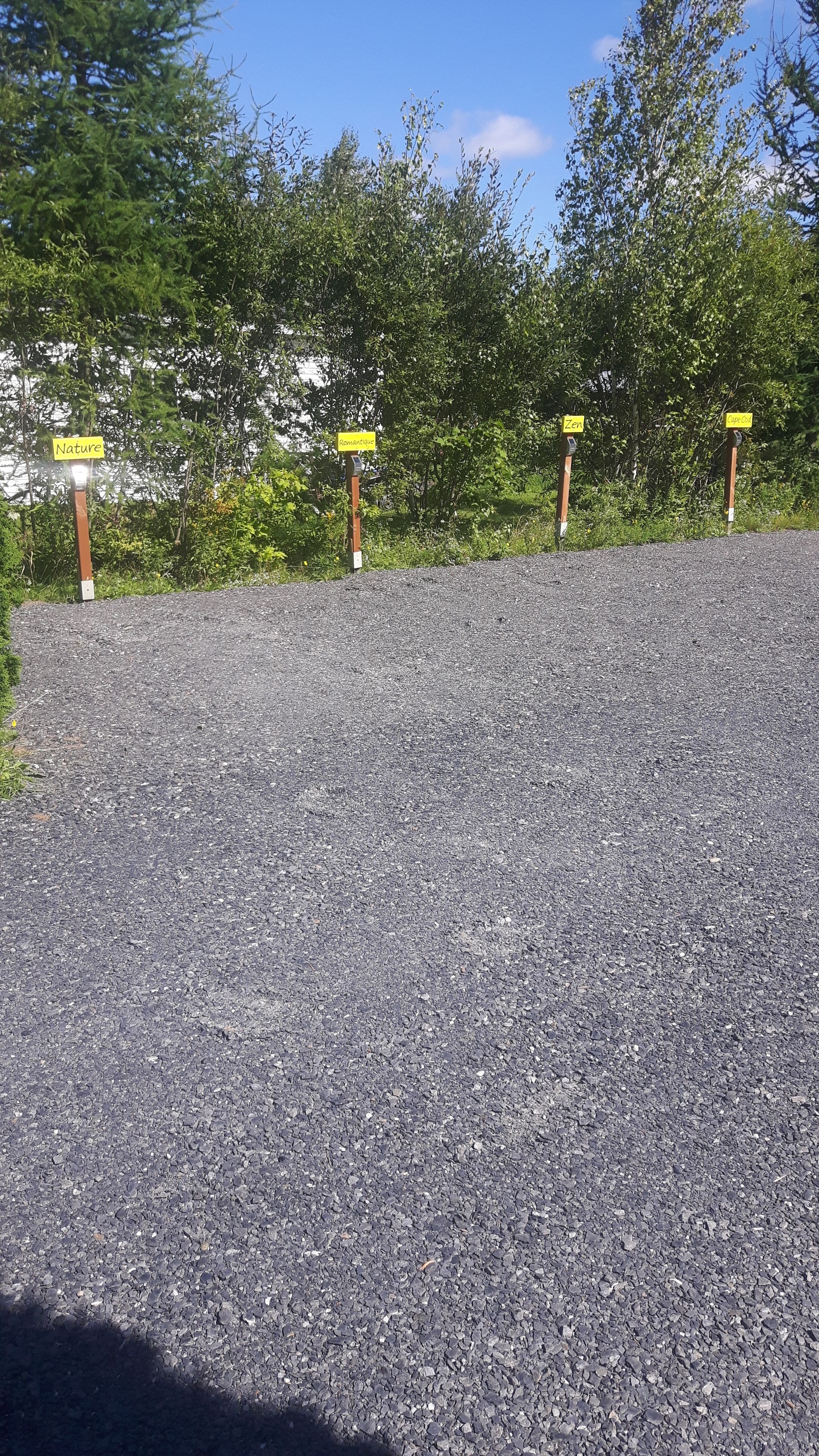 A gravel parking area with directional signs for 'Nature', 'Ravine', 'Zebra', and 'Cafe'.