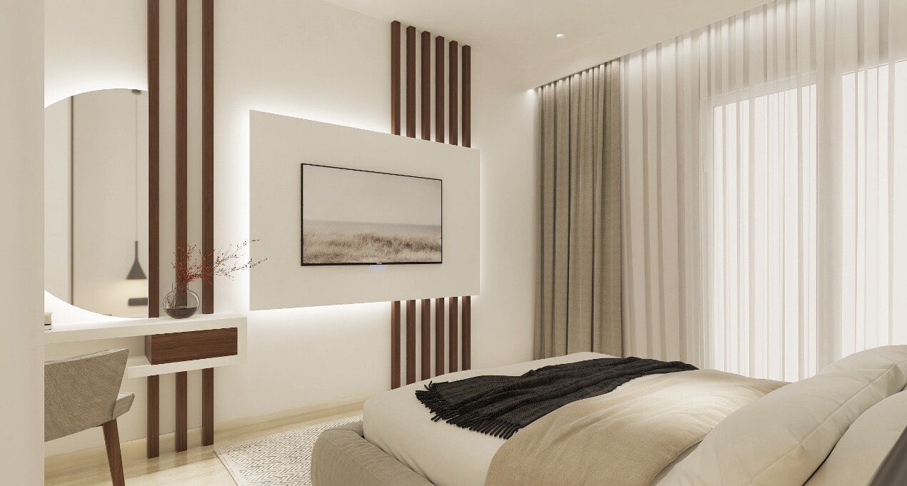 Una camera da letto moderna con un letto, un comodino e un'ampia finestra con tende.