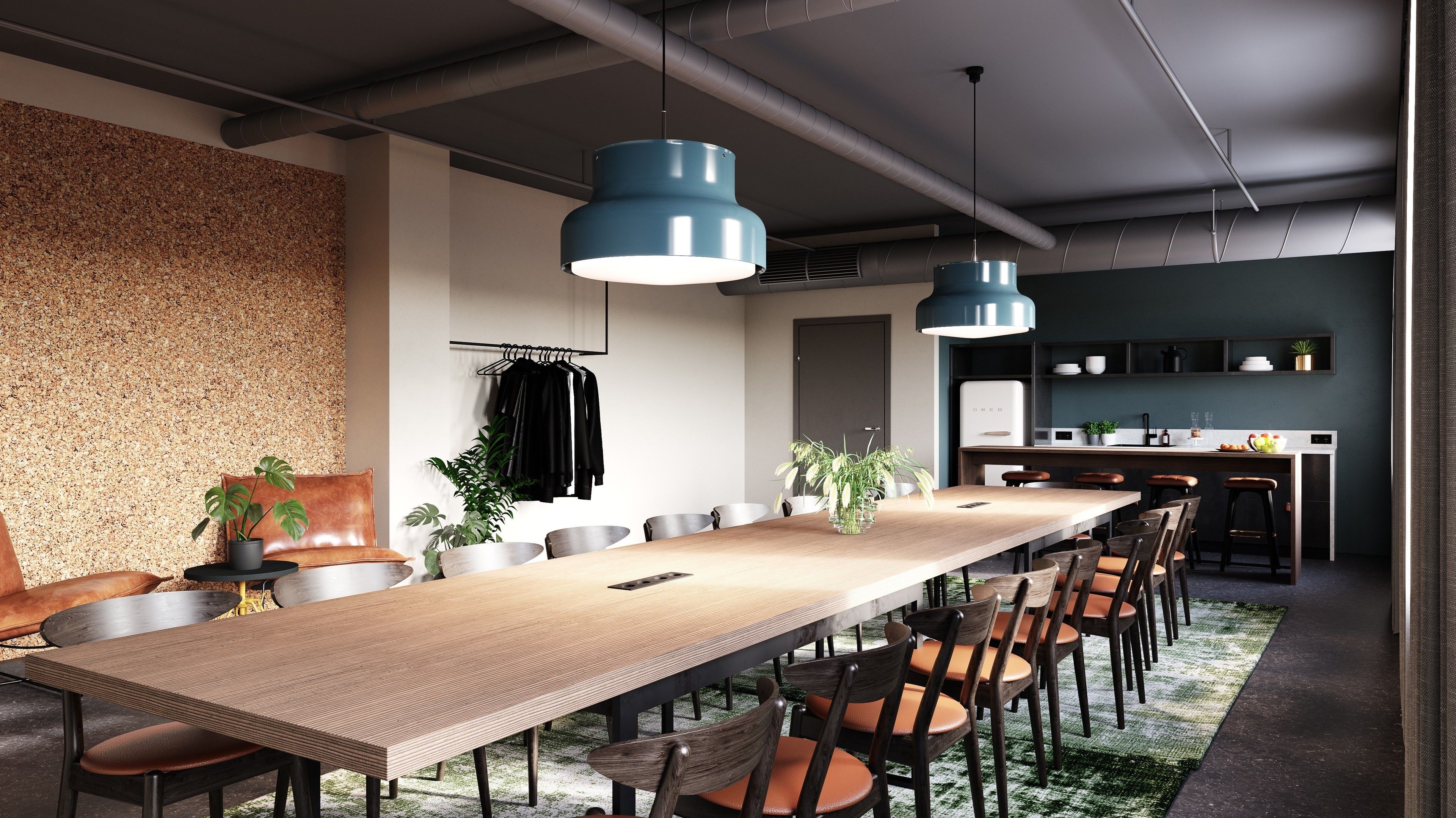 A modern dining area with a long wooden table, multiple chairs, and hanging blue pendant lights.