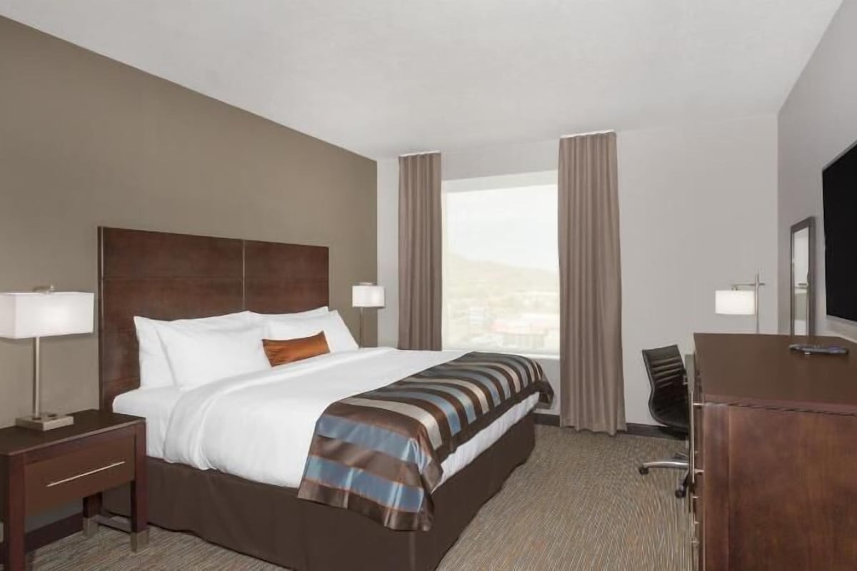 Una habitación de hotel con una cama grande, un escritorio, una silla, un televisor y una ventana con cortinas.