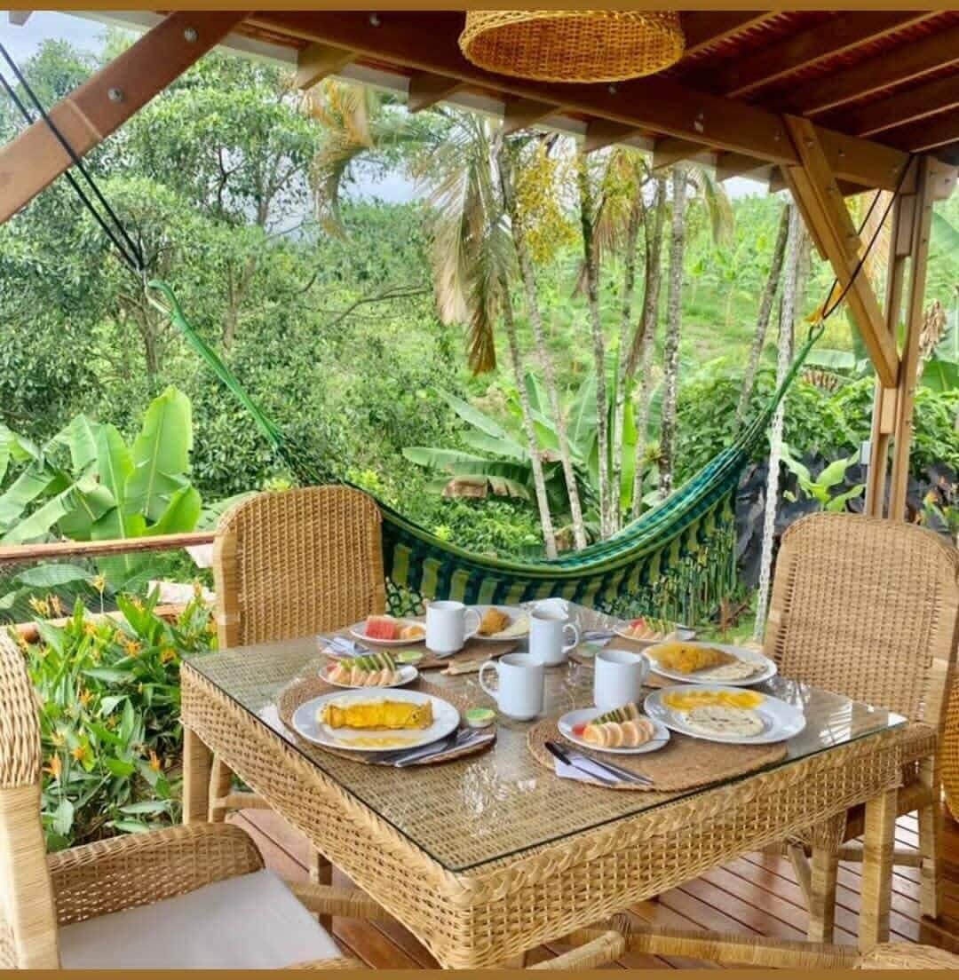 Un espace repas aménagé avec des meubles en osier et une table en verre, entouré d’une végétation luxuriante et agrémenté d’un hamac.