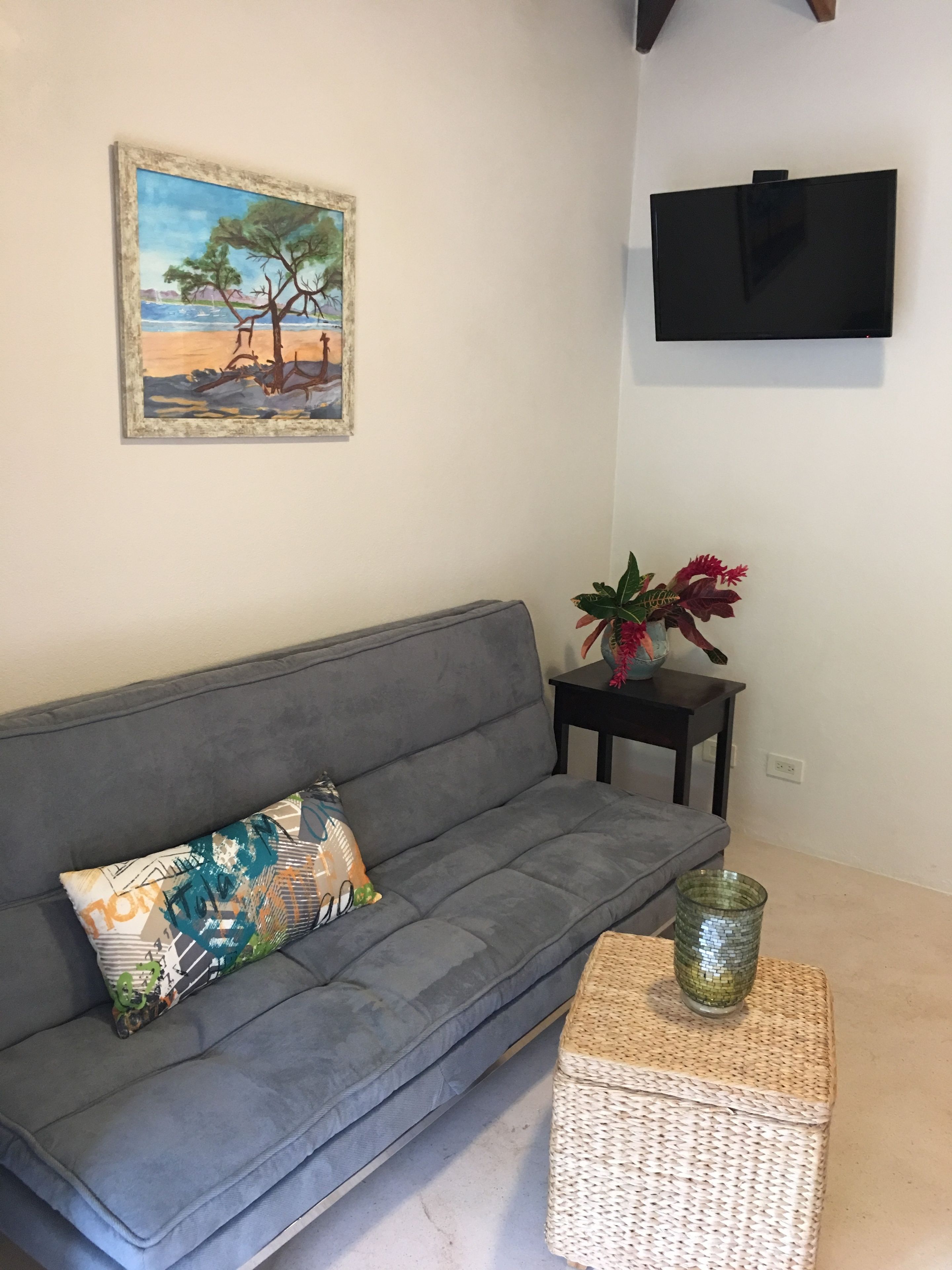 one bedroom apartment w/balcony | living area | 36-inch flat-screen tv with cable channels, tv