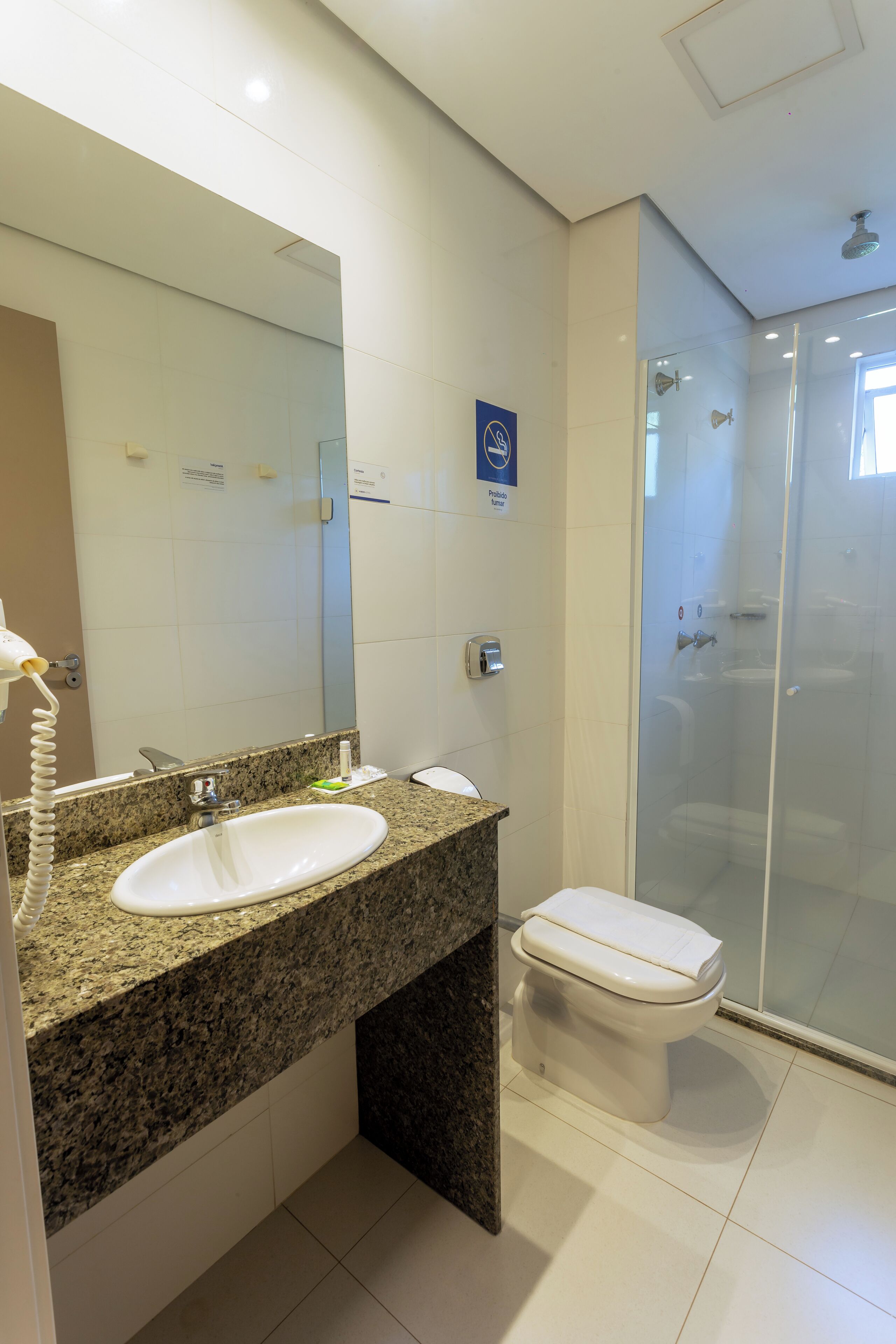 Un baño con encimera de granito, un lavabo blanco, inodoro y ducha con mampara de cristal.