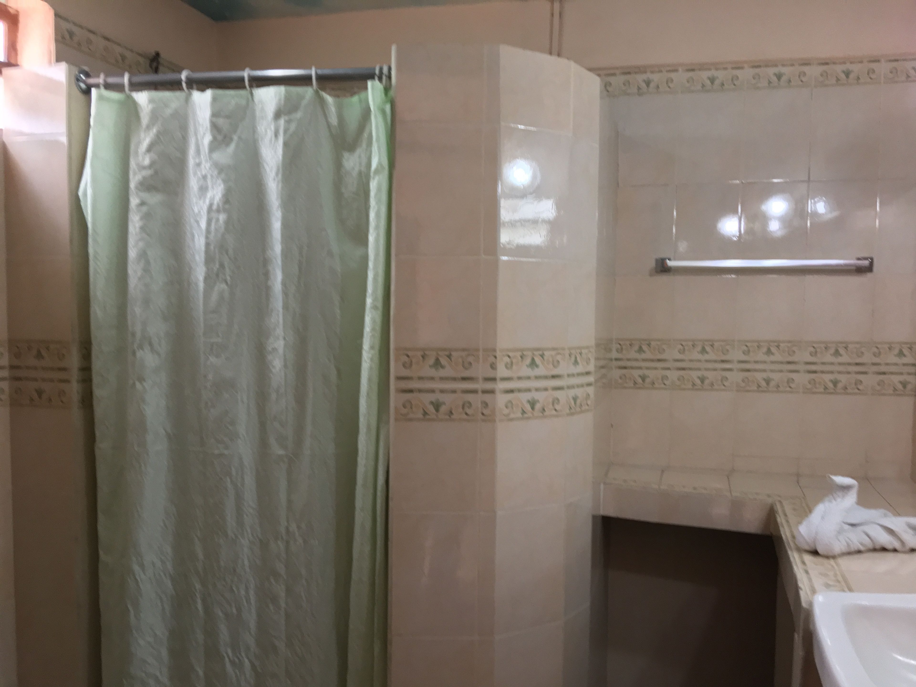 Ein Badezimmer mit grünem Duschvorhang, Handtuchhalter und Waschbecken.