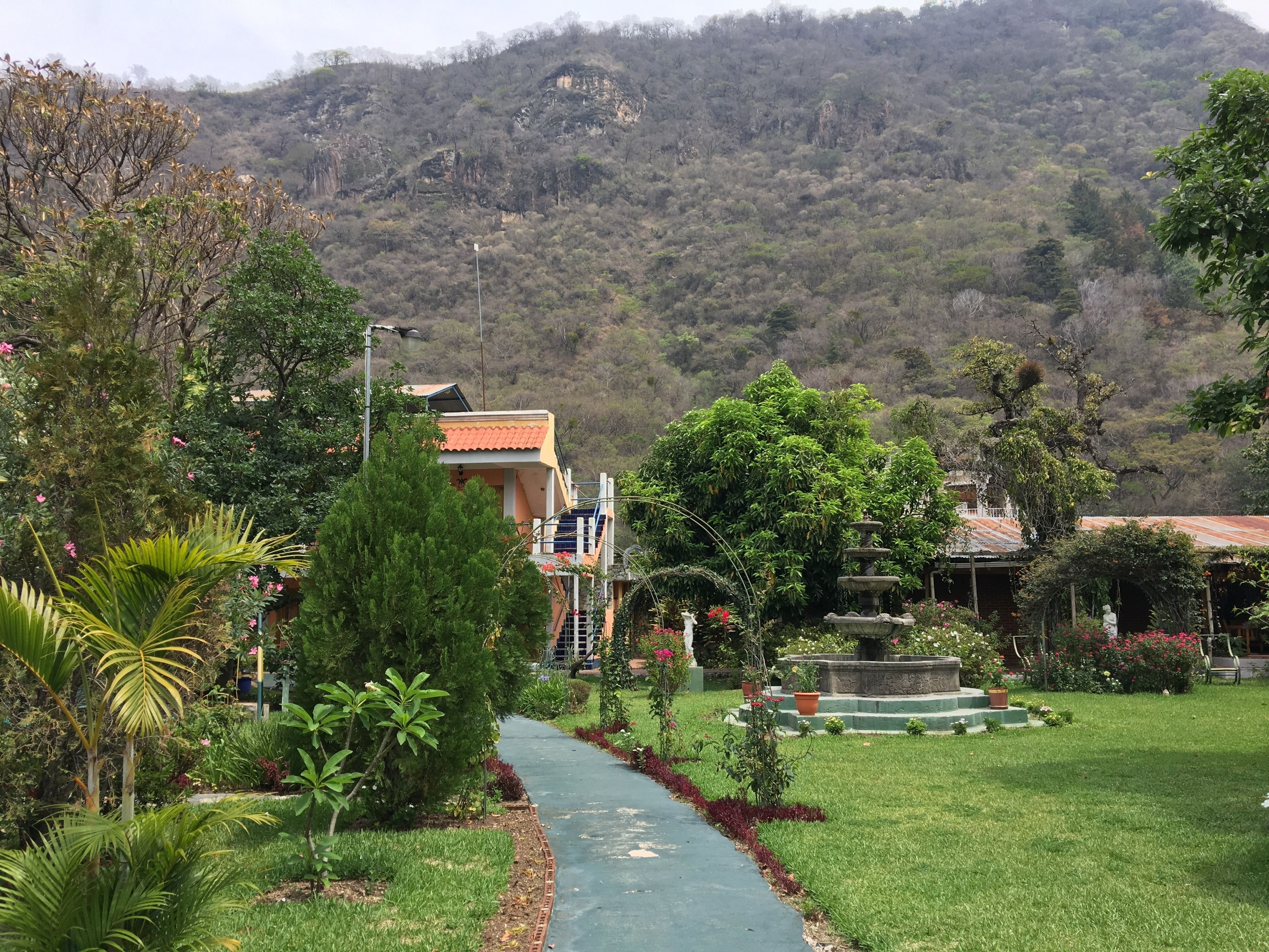 Un camino que lleva a un edificio de techo de tejas, rodeado de exuberante vegetación y un paisaje montañoso.