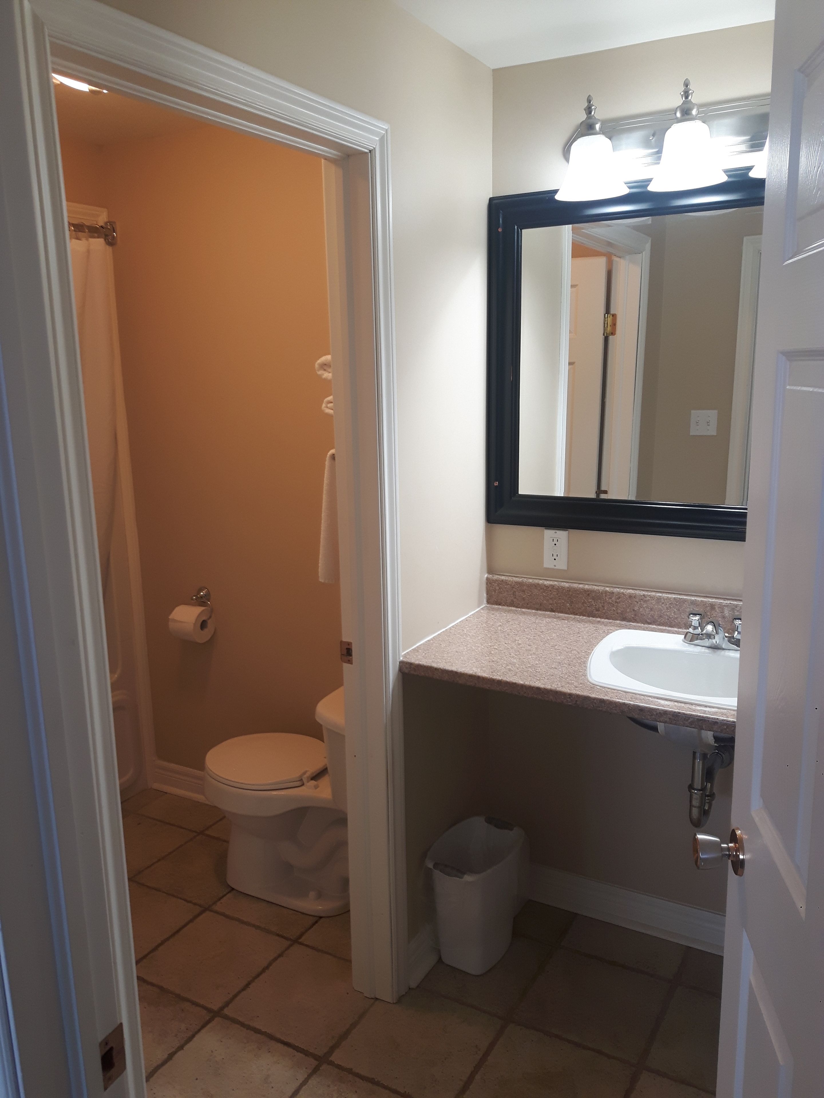 Un baño con inodoro, lavabo y espejo.