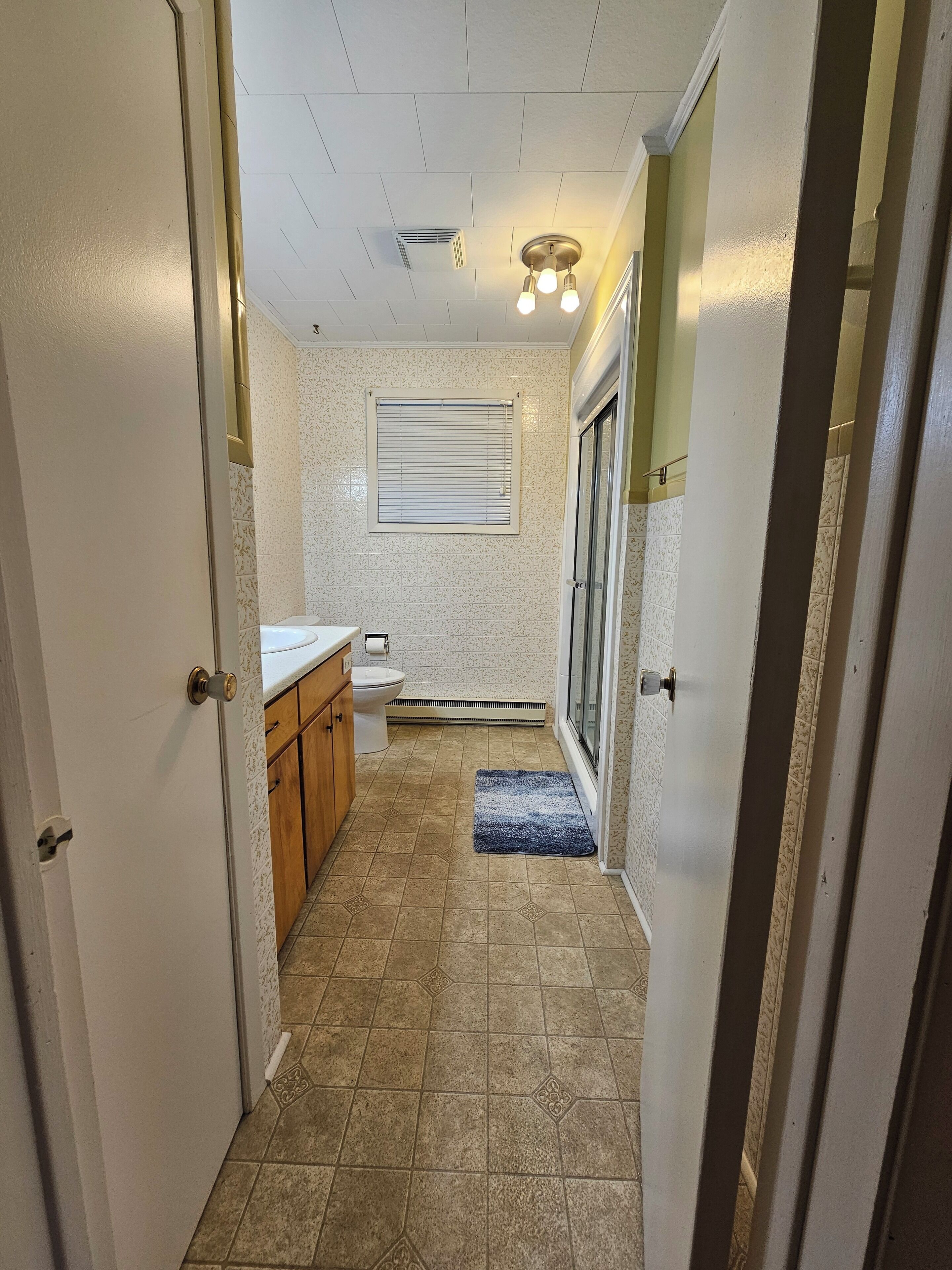 A narrow hallway leading to a bathroom with a toilet, sink, and shower area.