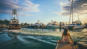Una marina con barcos amarrados y una mujer sentada en el muelle.