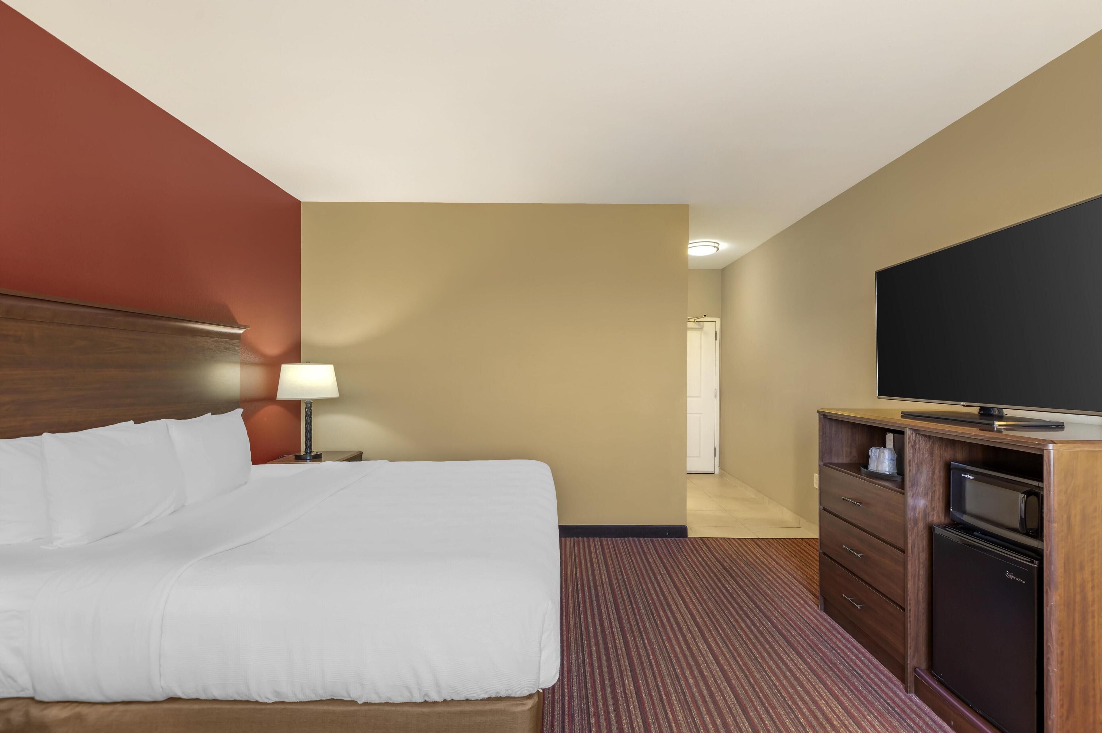 Habitación de hotel con cama, televisión, escritorio con lámpara y microondas.