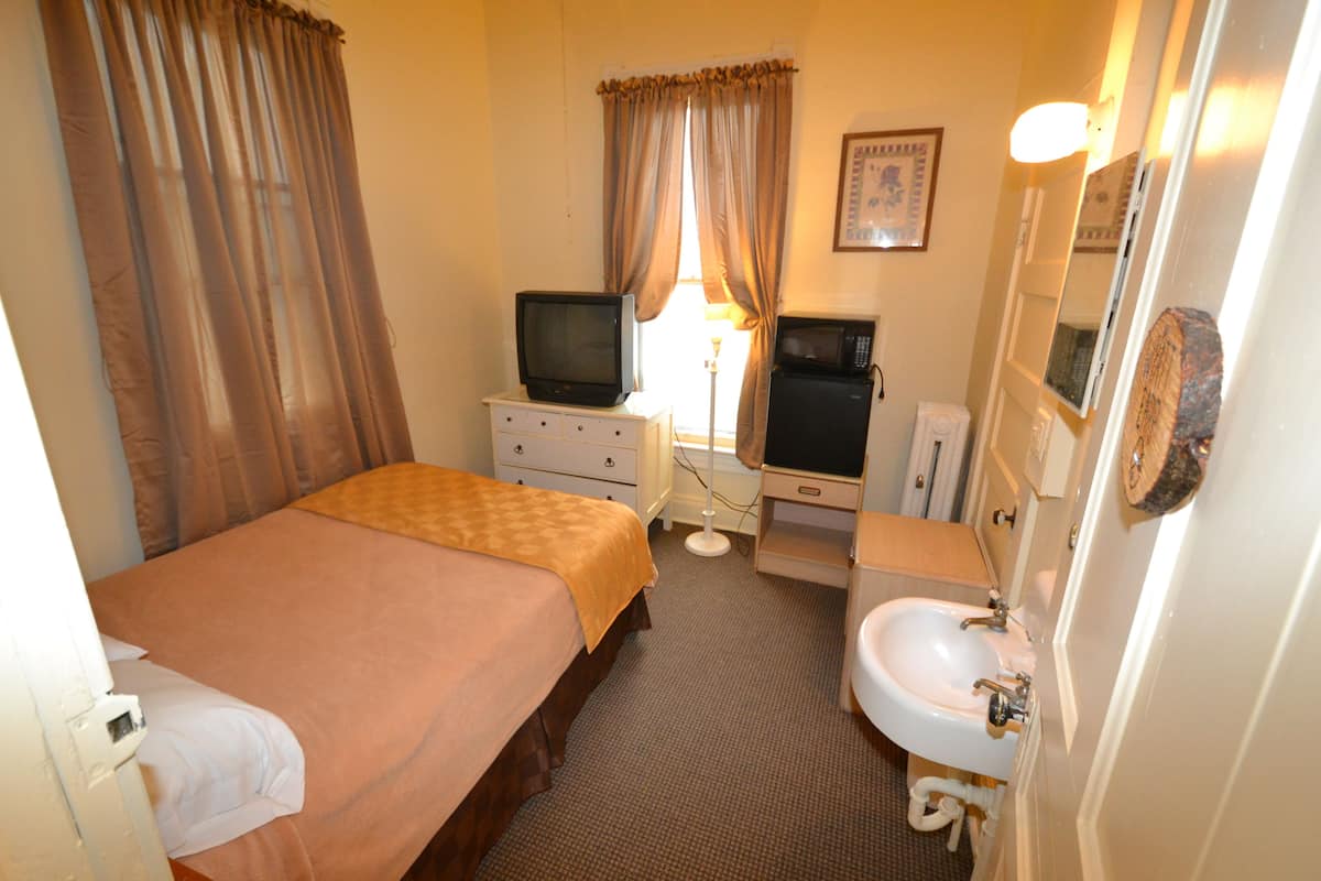 A hotel room with a bed, a television, a microwave, a sink, and a mirror.