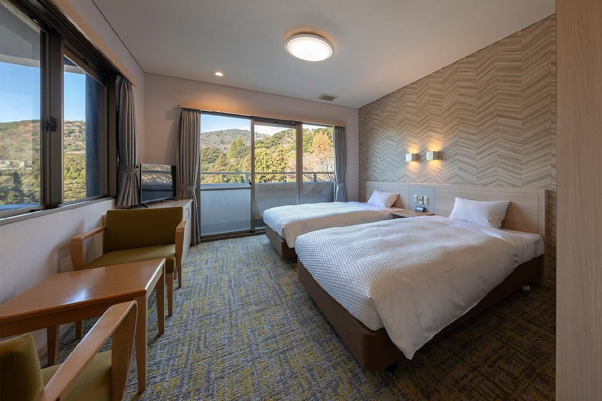 Habitación de hotel con dos camas, un escritorio, una silla, un televisor y vistas al exterior.