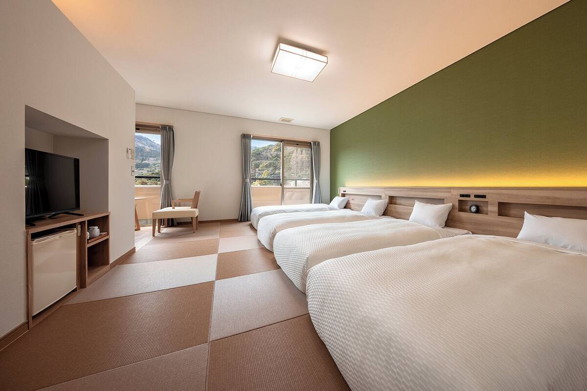 Habitación de hotel con dos camas, televisión, escritorio y vistas al exterior.