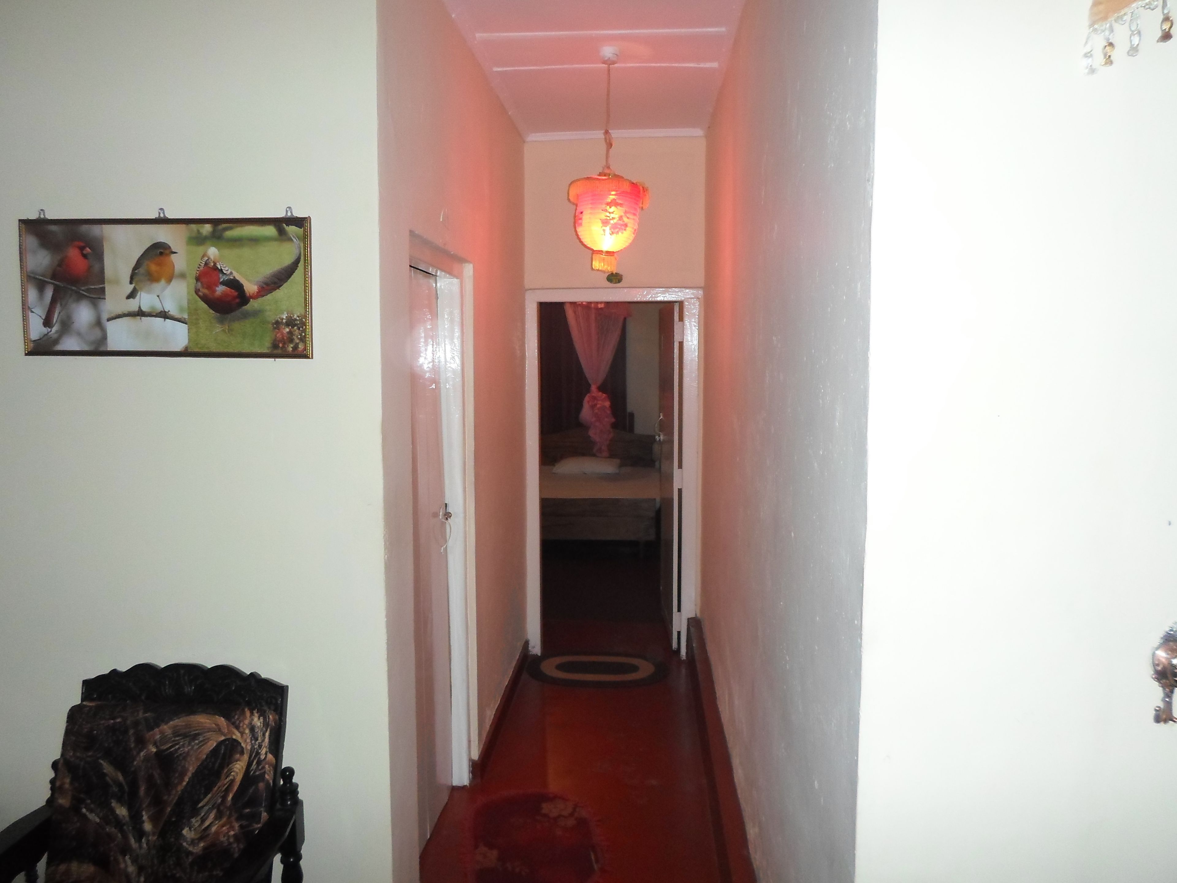 Un couloir étroit avec un plancher en bois, une porte sur la gauche et, au fond, un lit surmonté d’un baldaquin rose.