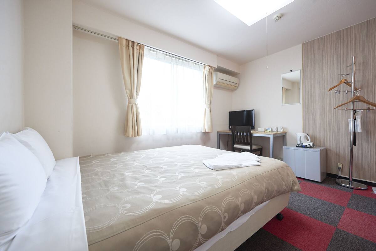 A hotel room with a bed, a desk, a TV, a wardrobe, and a mirror.