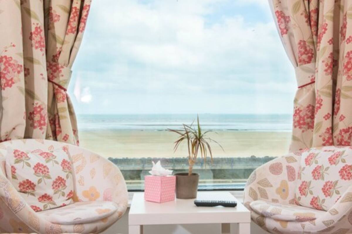 A room with a view of the beach, a potted plant, a tissue box, and a remote control on a small table.