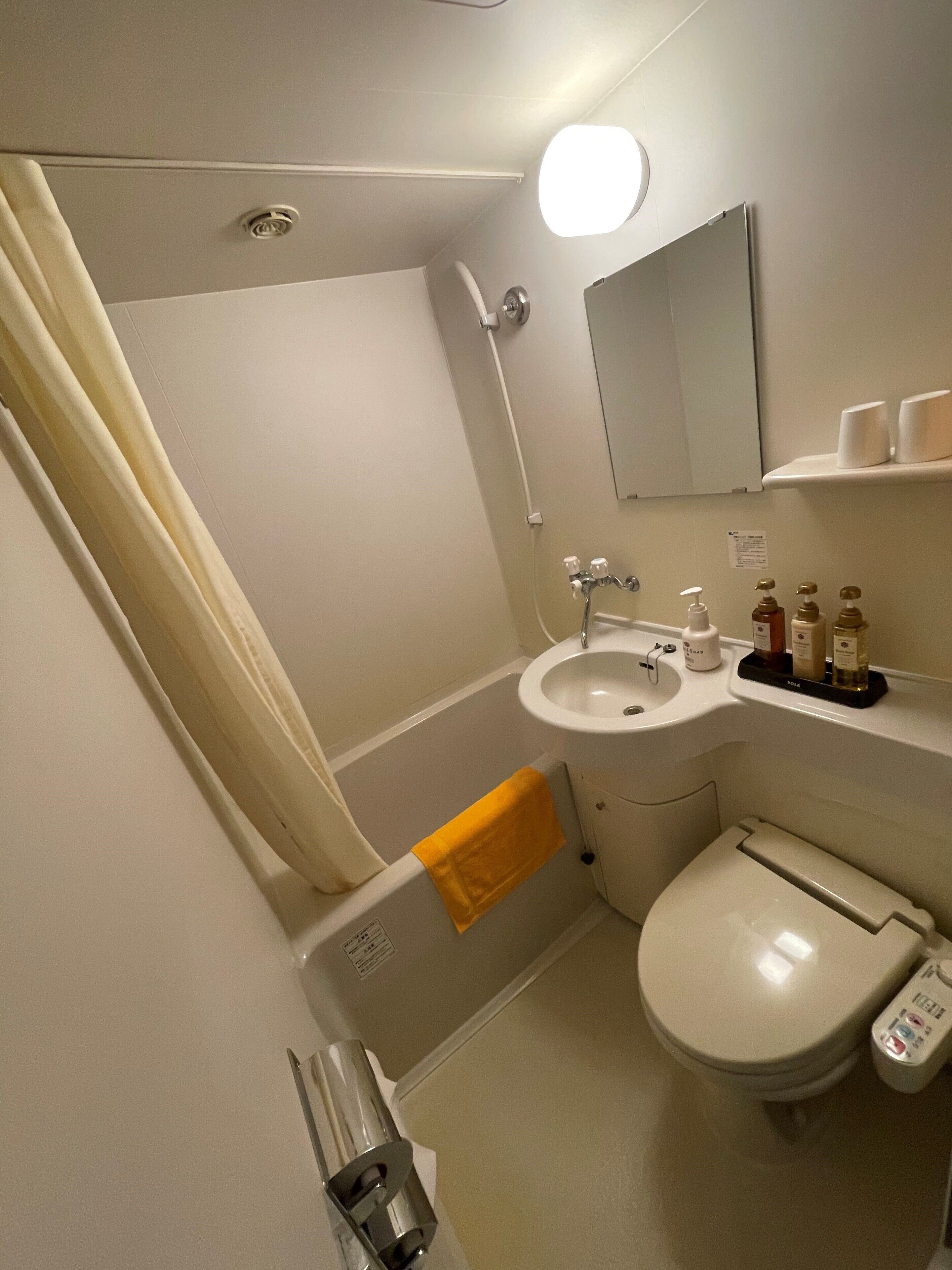 combined shower/bathtub, free toiletries, hair dryer, slippers